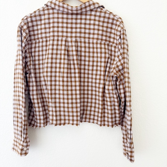 Madewell Brown plaid flannel cropped raw edge hem button down top size‎ Medium - Picture 5 of 5
